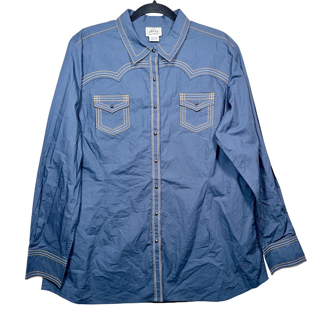 Ariat Womens XXL Blue Western Snap Button Shirt‎ Contrast Stitch Long Sleeve